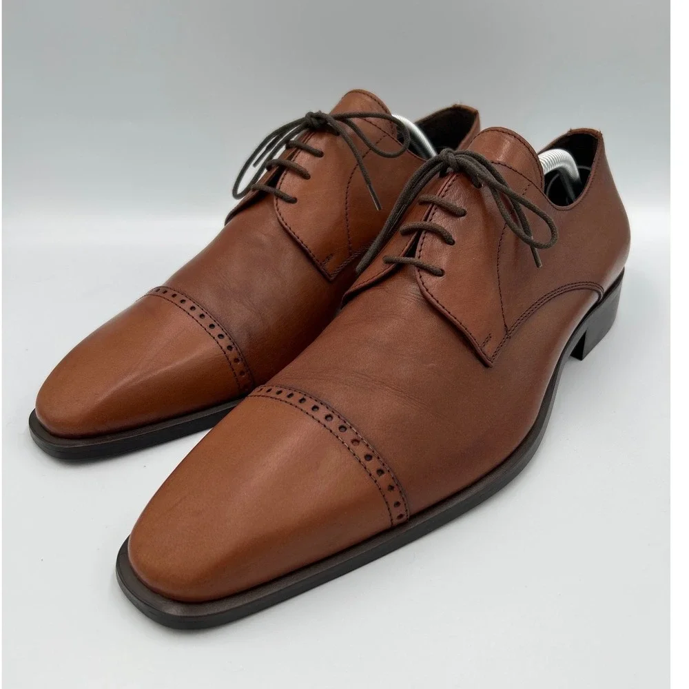 SOULIER Mens Cognac Brown Leather‎ Cap Toe Brogue Derby Shoes Size 43
